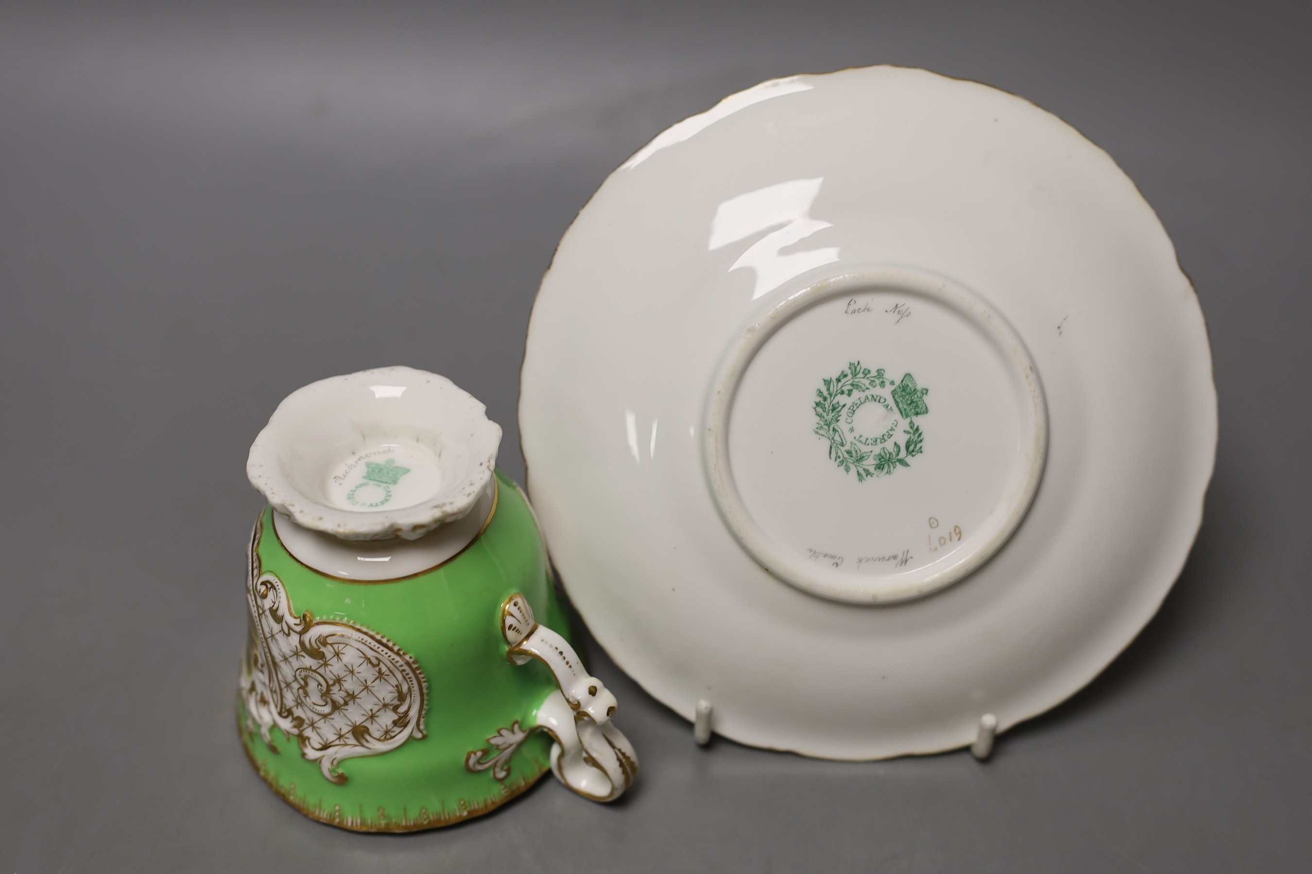 Copeland and Garrett fine topographical pedestal coffee cup and saucer with green ground painted with Richmond on the cup and Loch Ness and Warwick - 9cm tall